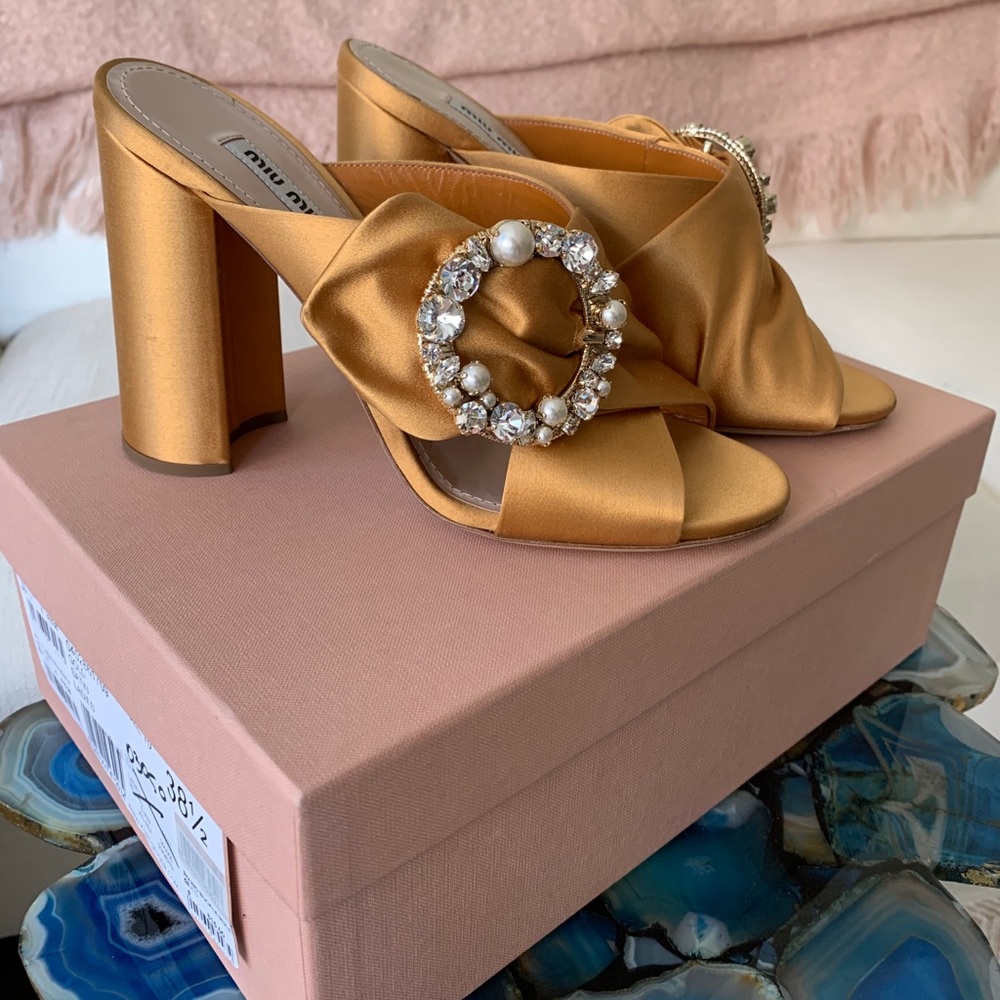 SOLD - Miu Miu Round Buckle Gold Satin Mule